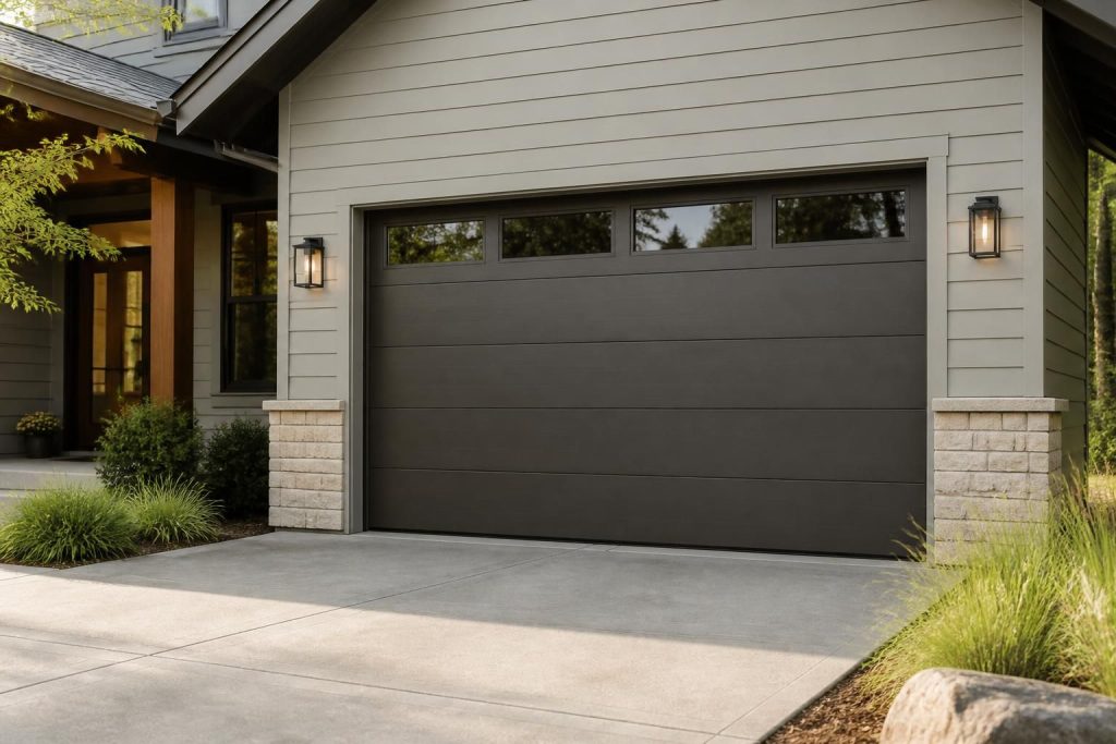 Modern home exterior with a finished garage door in natural daylight.