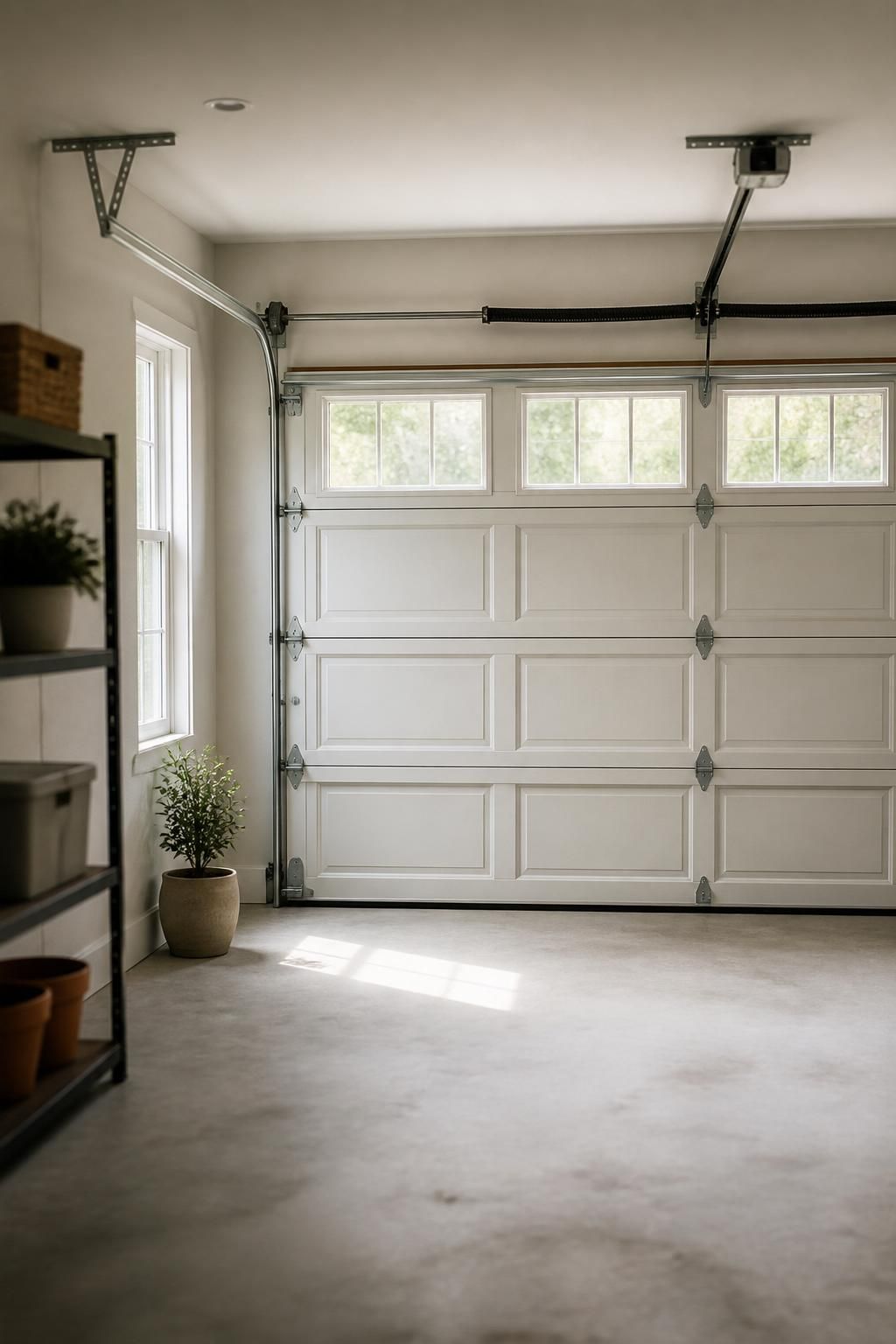 Clean garage interior with a newly installed door and finished hardware.